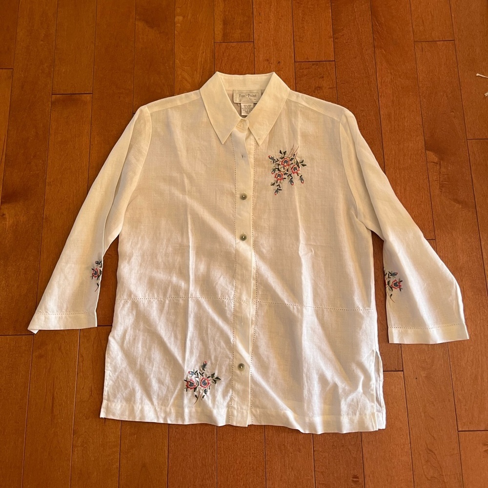 Vintage VUE POINT 100% Linen Embroidered Shirt Small